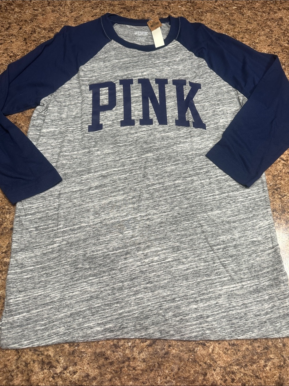 NWT PINK Victoria's Secret Womens Navy & Heather Gray Raglan Tee XS 3/4 Sleeve
